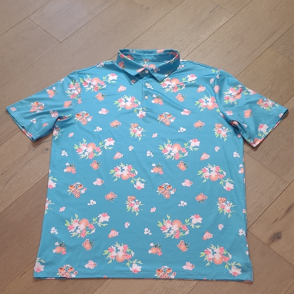 EUC UPSAINT Golf Polo Men's sz XL Blue Floral Save the Turtles Short Sleeve Polo